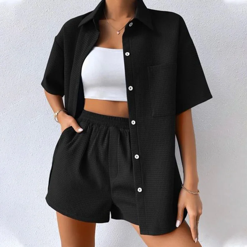 Women Two Pieces Suits Turn Down Collar Short Sleeve Blouses Top With Mini Shorts Summer  Casual Home Clothes Ladies Outfits