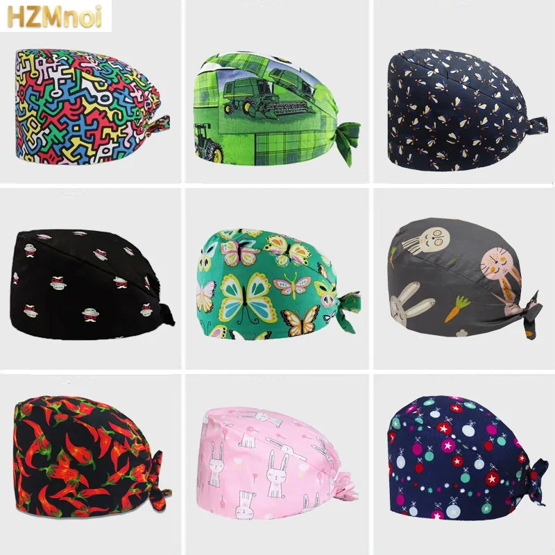 Gorro elástico de algodón para hombre y mujer, gorro médico de enfermería, cómodo, a prueba de polvo, con dibujos animados, agencia de belleza,