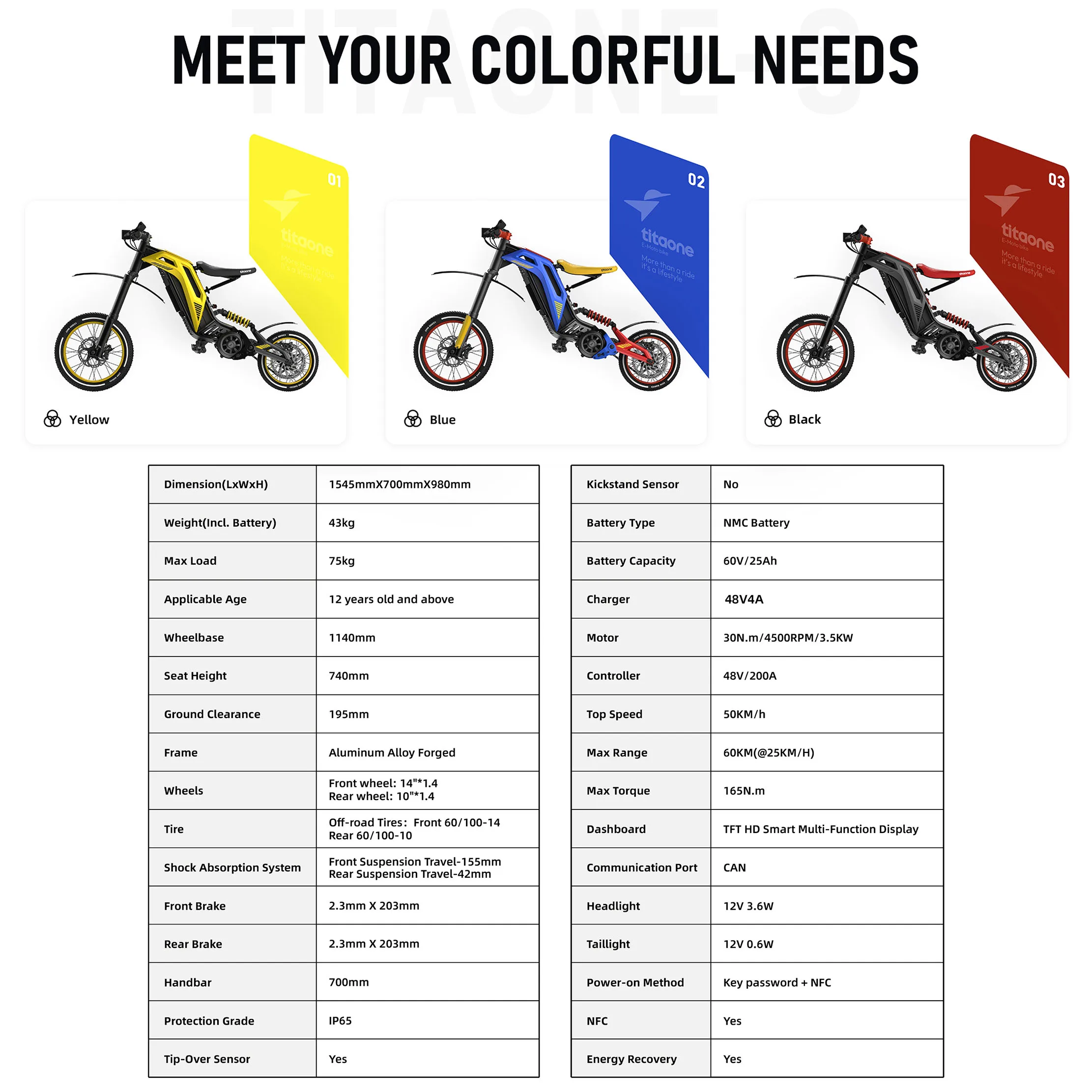 ATV&UTVTITAONE-S 50km/h Dirt Bike for Teenagers Off-Road with Brushless Motor 48V Aluminum Alloy Frame