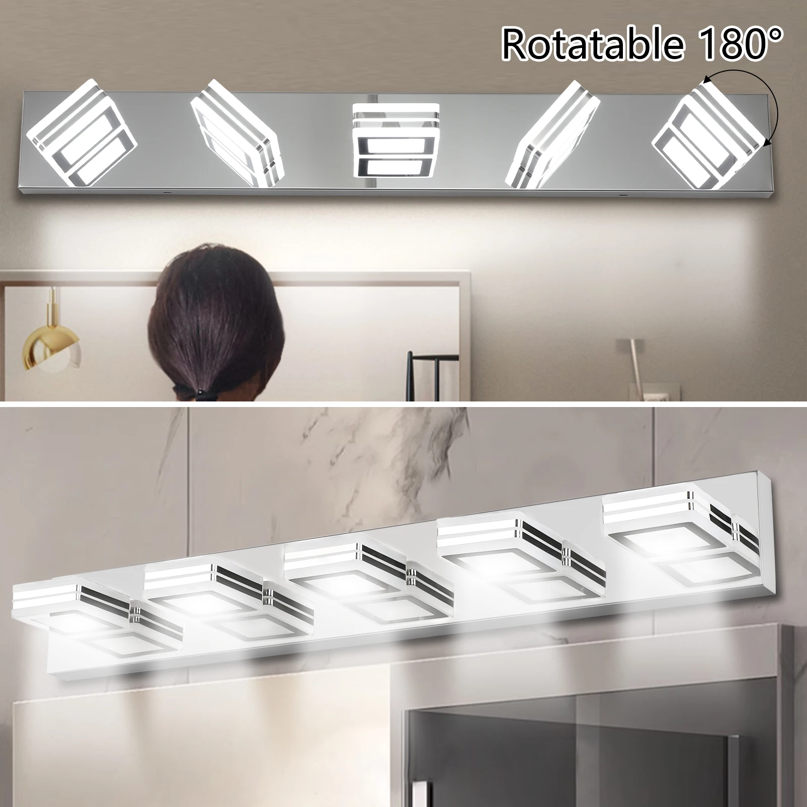 5-Lights Modern LED Bathroom Vanity Lights Over Long Mirror Acrylic up and Down Matte Chrome Bath Wall Lighting Fixtures