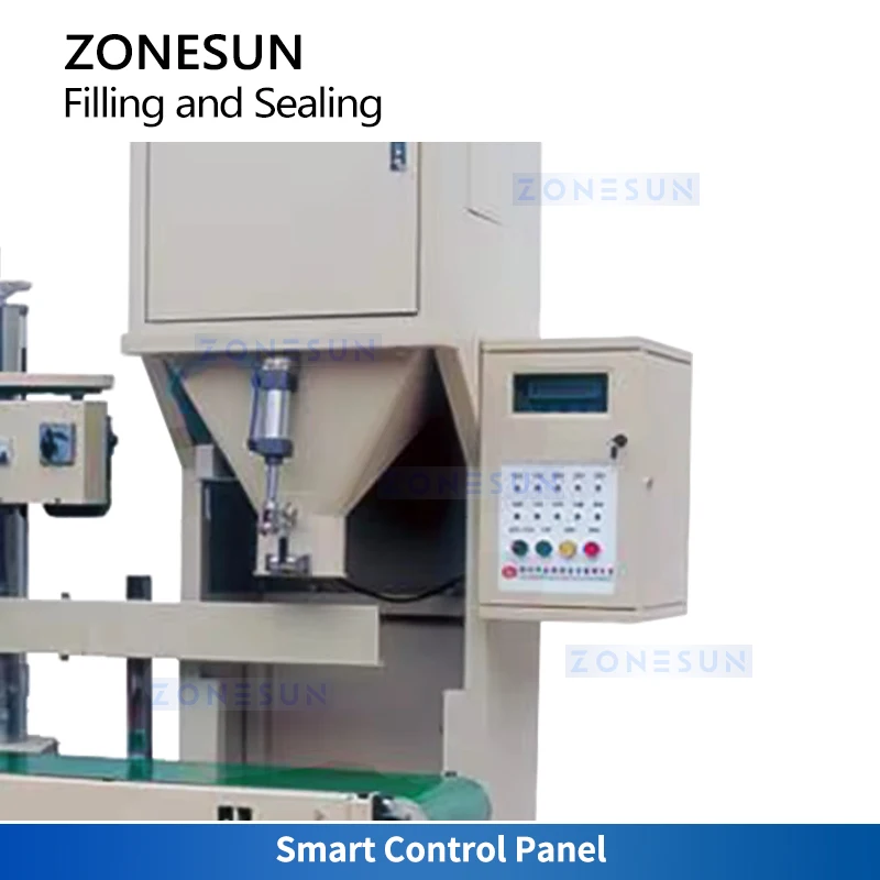 ماكينة تعبئة أكياس الحبوب السائبة من Zonesun ، ماكينة تعبئة ووزن الذرة ، نظام خياطة الأكياس الصناعية ،