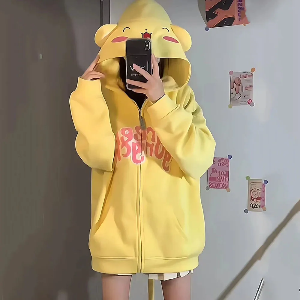 2024 Casual Cartoon Print Sweatshirt Jacket Women Loose Sweet Hooded Harajuku Long Sleeve Kawaii Hoodies PreppySweatshirts Coat