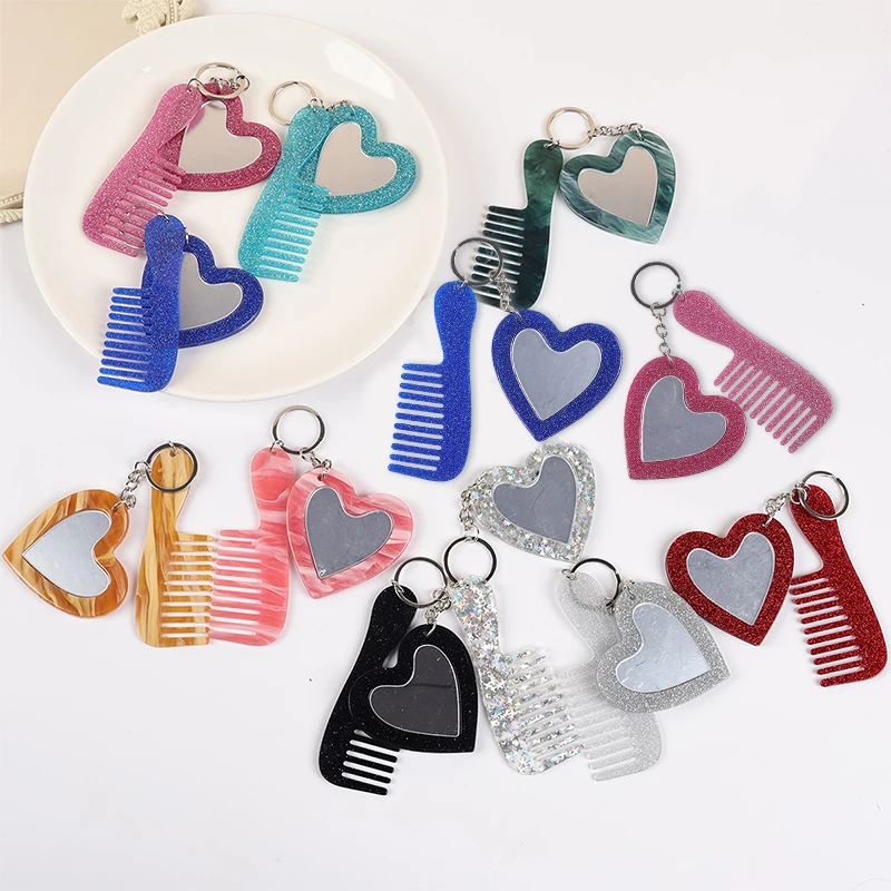 Fashionable Mini Comb Keychain With Heart Shape Makeup Mirror Handmade Creative Keyring Fashionable Key Ring Backpack Decoration