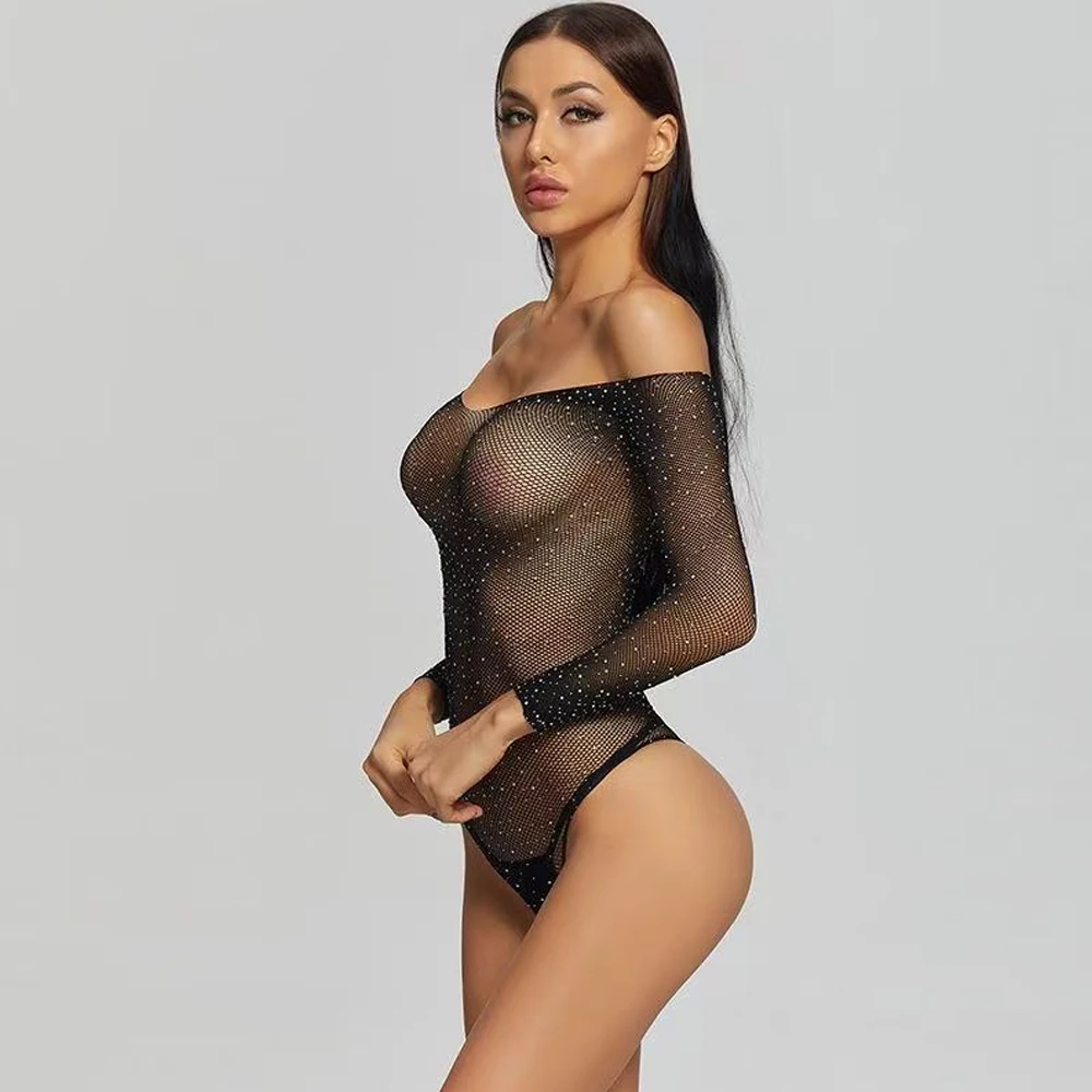 Women Off Shoulder Rhinestone Fishnet Bodysuit Long Sleeve Sheer Mesh See Through High Cut Tight Body Suit Erotic Lingerie - view 2