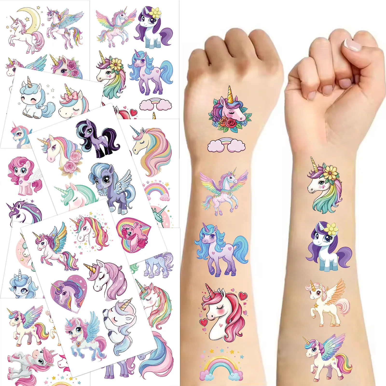 10PCS Sparkling Pink Unicorn Tattoo Stickers Exquisite Fake Tattoo Personalized Retro Tattoo Waterproof Durable