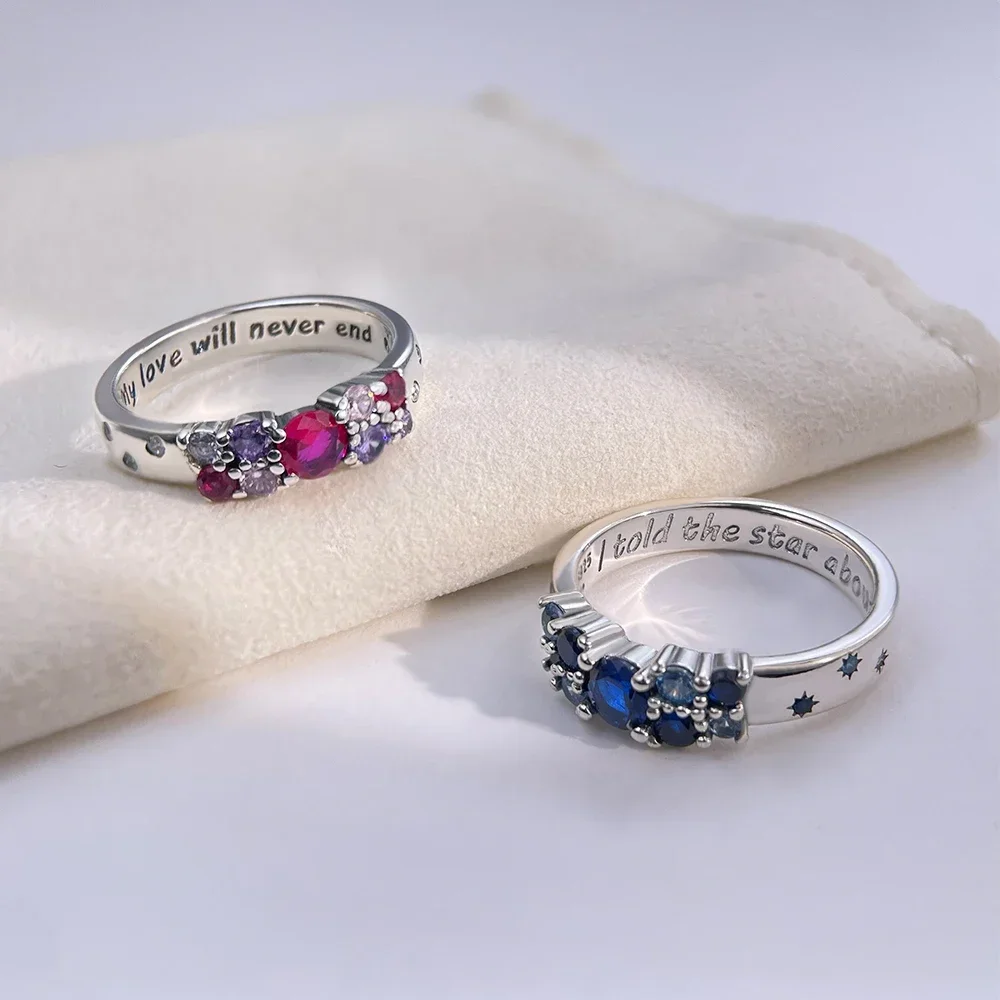 Real 100% Pink Blue Zircon Sparkling Rings for Women Fine Jewelry Anniversary Gifts 925 Sterling Silver image 3