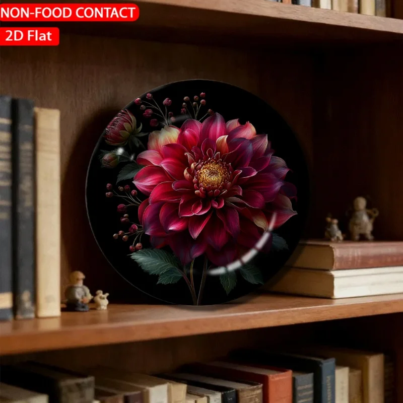 1pc Digital Artistic Dahlia Red Ceramic Plate Non-Food Contact, Home Desk Ornaments, Living Room And Bedroom Decorations,