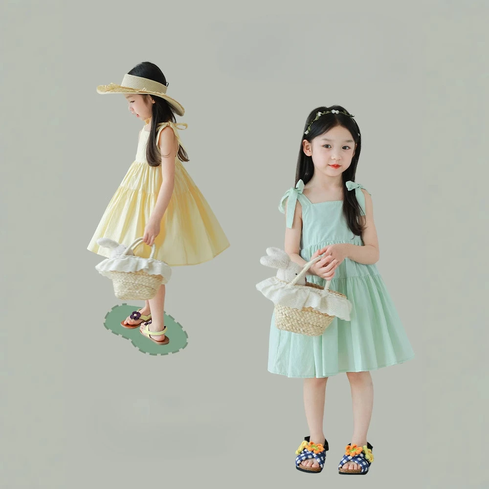 Girls Casual Dresses Solid Color Lace-up Dress Casual Dress with Halter Straps Kids Clothes for Girls 2 To 7 Years