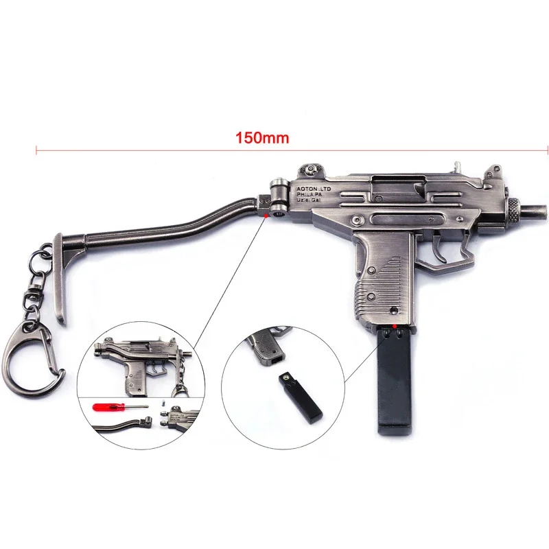 Colgante de pistola submetralétrica modelo UZI en miniatura de aleación de 15CM, llavero de pistola de alta calidad, colgante artesanal, arma falsa, regalos para niños