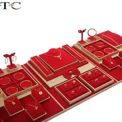 Gold Jewelry Display Props Red Flannelette Set Table Tray Bracelet Necklace Counter Display Rack