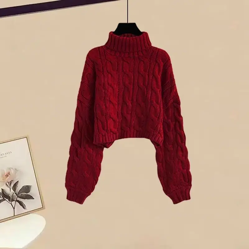 Autumn Winter Women Lucky Wine Red Turtleneck Sweater Floral Black Mesh Skirts 1 or 2 Piece Set Lady Short Knit Tops Skirt Suits