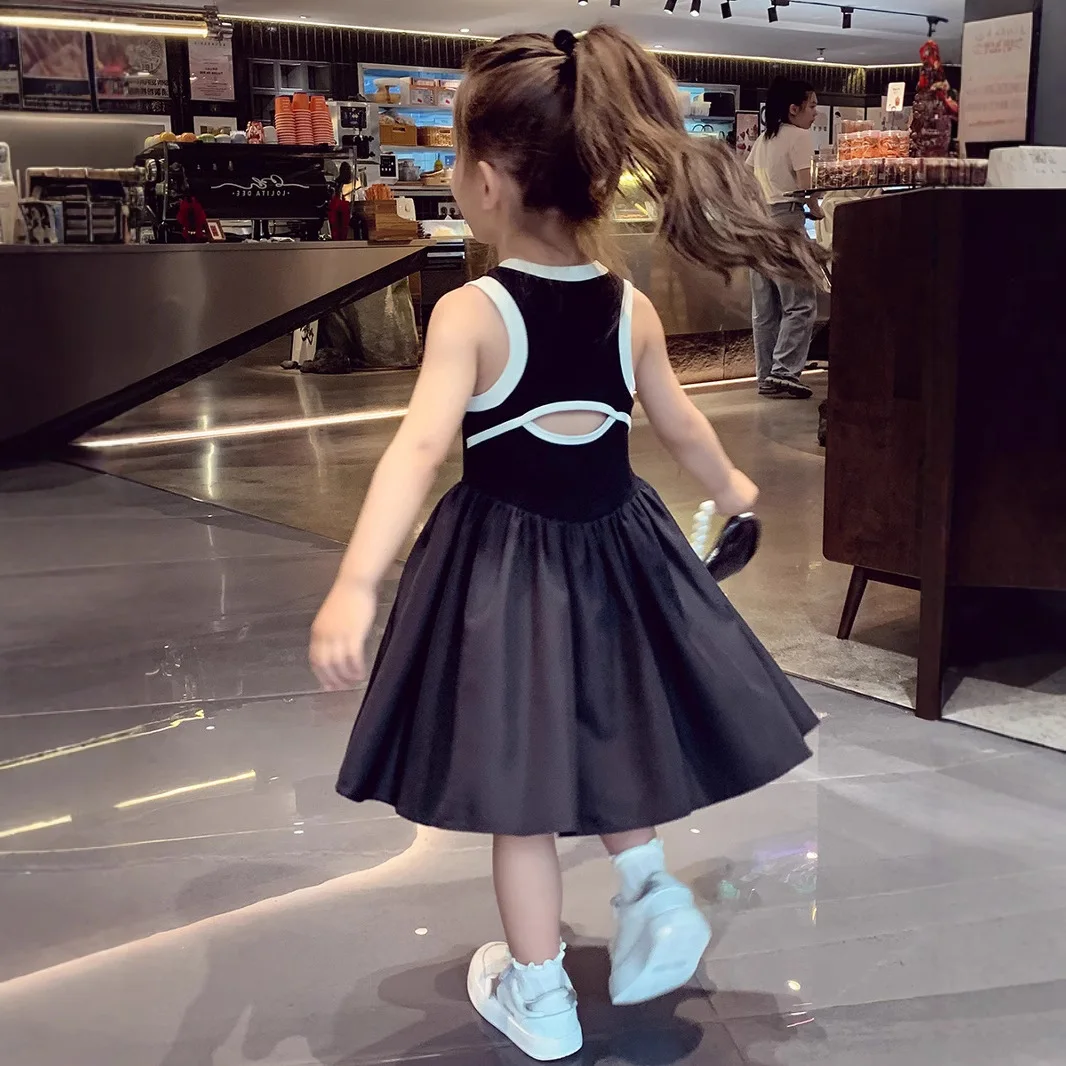 

Baby Sports Vest Dress Summer Costume for Girls Fashion Black White Patchwork Children's 2 3 4 5 6 7 8 Years Casual Dresses