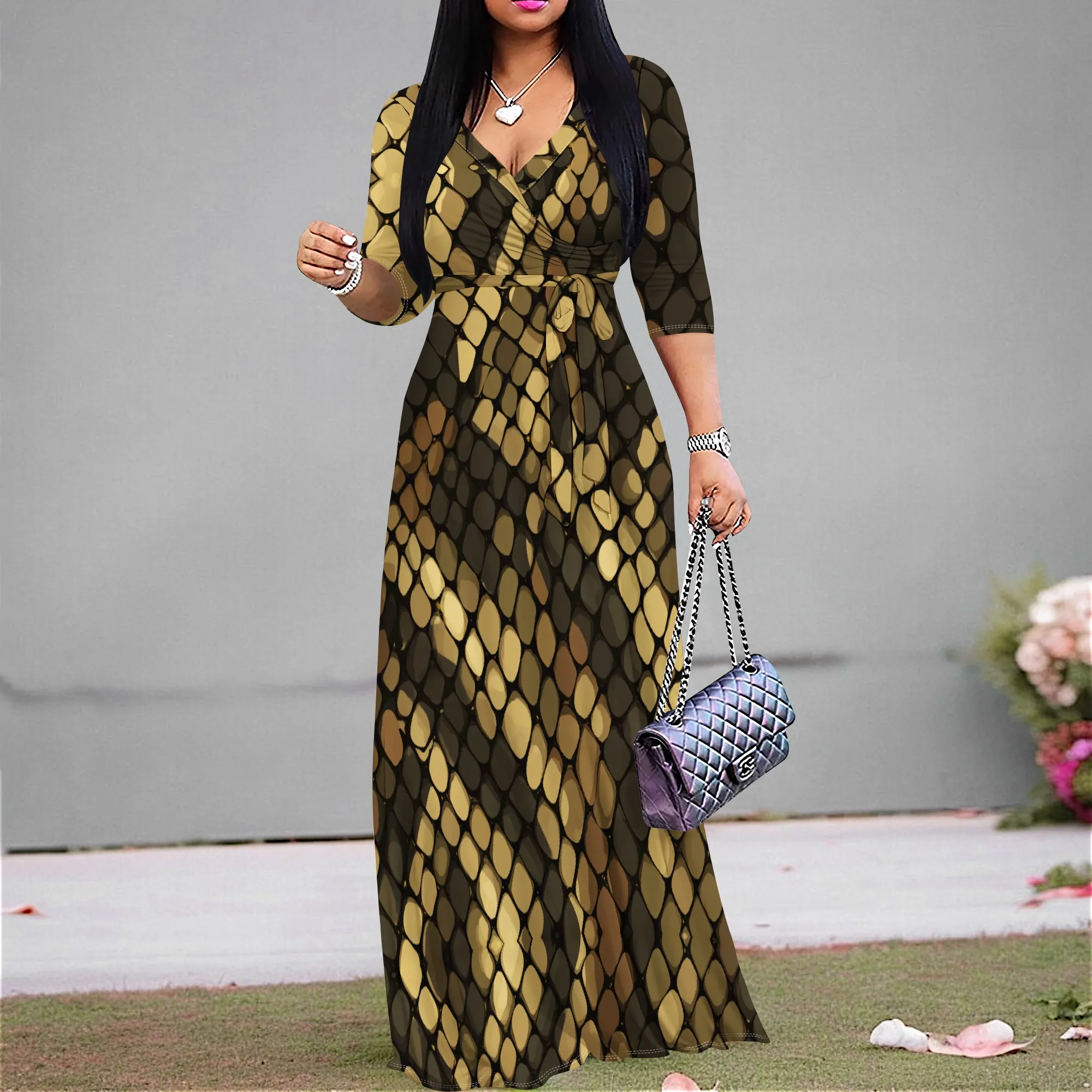 

Women's Geometric Print Maxi Dress V Neck Waist Tie Long Dress 3/4 Sleeve Plus Size African Style XS-3XL