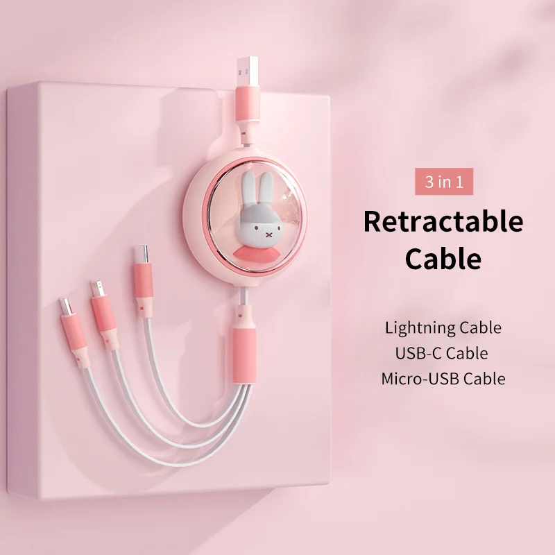 Miffy-Cable de carga retráctil 3 en 1, Cable USB C para iPhone 13 14, Cargador USB tipo C de carga rápida para 14Pro, Samsung y Xiaomi