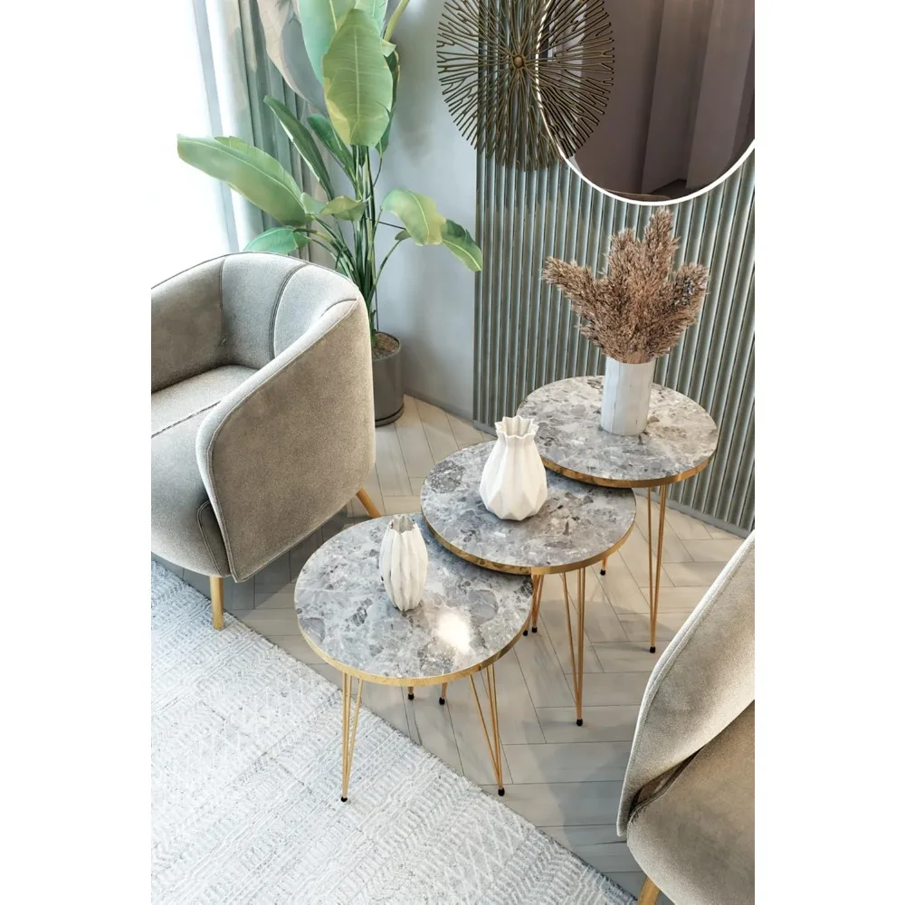 Conjunto de 3 mesas redondas de madeira com design empilhável e pernas de metal para sala de estar e escritório doméstico