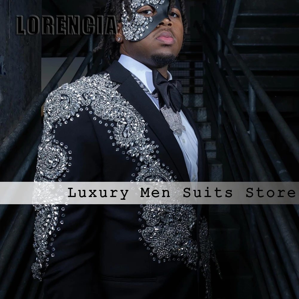 

Loose Crystal Applique Men Suits 2 Pieces Single Breasted Groom Jacket Wedding Texudos Customized Blazer Pants costumes homme