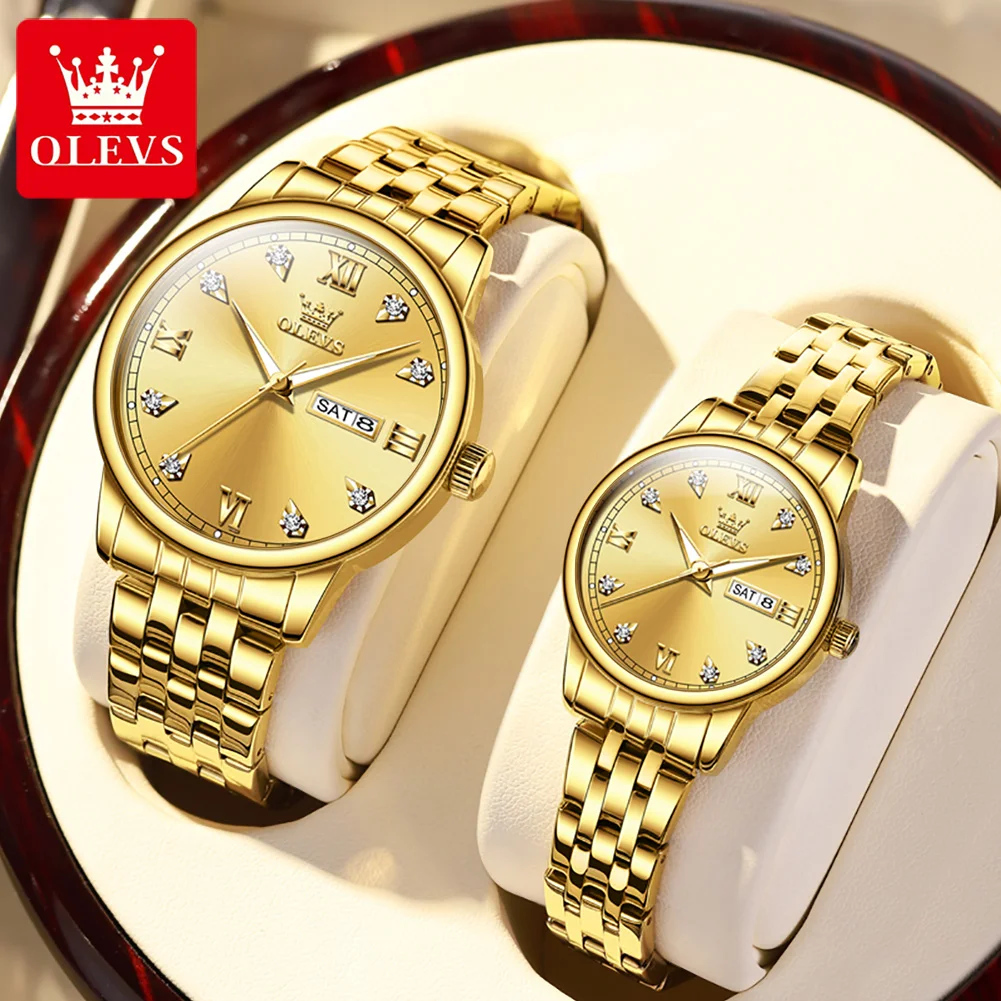 OLEVS Fashion Couple Watch for Men and Women Stainless Steel Waterproof Luxury Gold Quartz Watch Luminous Week Date Watches