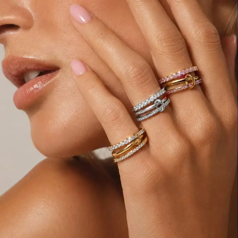 KunJoe Cubic Zirconia Stainless Steel Multilayer Connecting Ring Women Luxury 18K Gold Plated Finger Rings Trendy Party Jewelry