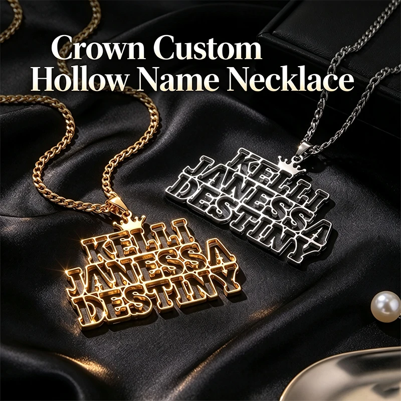 Crown Custom Hollow Name Letters Pendant Necklace Hip Hop Woman Man Cuban Chain Nameplate Stainless Steel Necklace Birthday Gift