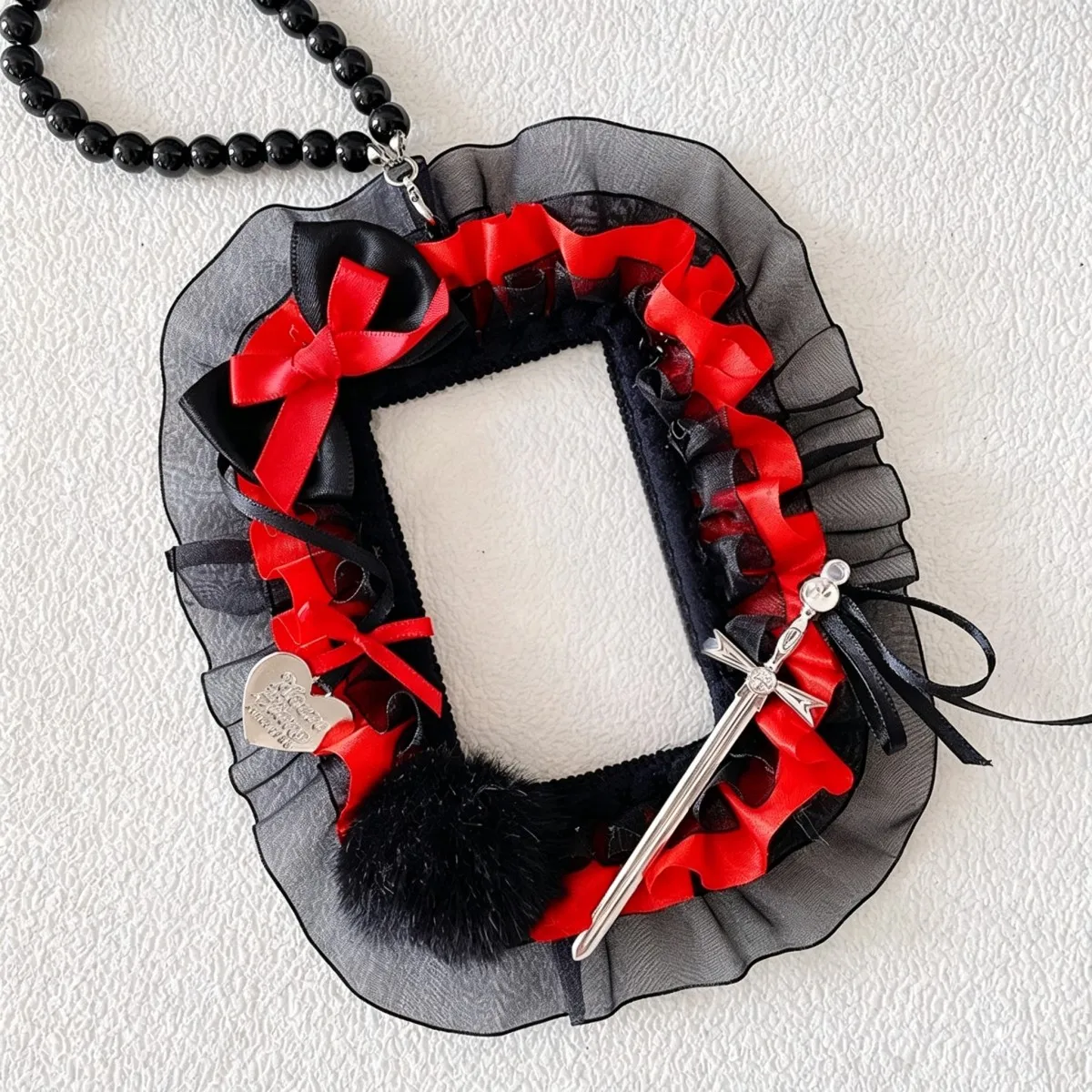 Handmade photocard holder and badge display frame, beaded chain, satin ruffle, faux‑fur pom‑pom, bow metal accents, clear PVC for 3‑inch collectible cards and badges, protective hobby display case