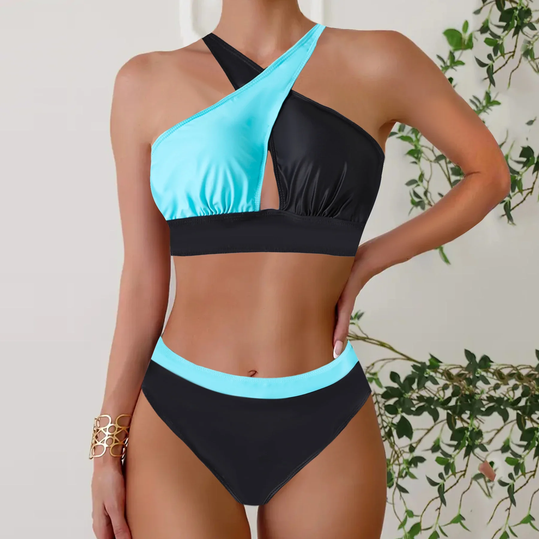 Floral Print Patchwork Black 2 Piece Set Tankini, Round Neck High Waist Stretchy Swimsuits, Women's Summer Bikini Beachwear