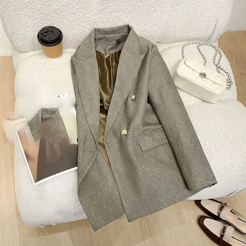 2026 New Candy Color Ol Spring Autumn Notched Long Sleeve Double Breasted Metal Button Slim Pocket Coats
