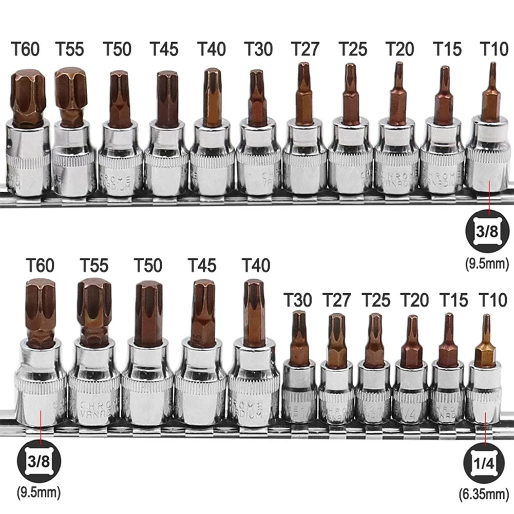 11 Pcs Drive Socket Set Torx Screwdriver Bits 3/8+1/4inch Wrench Socket Adapter T10/T15/T20/T25/T27/T30/T40/T45/T50/T55/T60