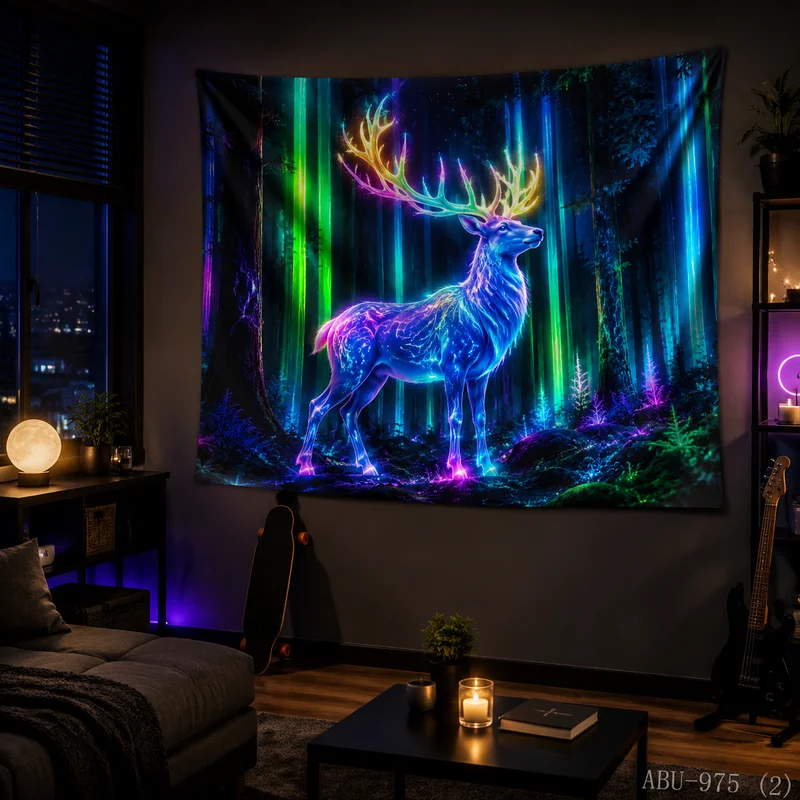 VIKAMA Neon Blue Green Aurora Reindeer Standing Forest Golden Antler Starry Glow Art Christmas Tapestry Wall Hanging Bedroom