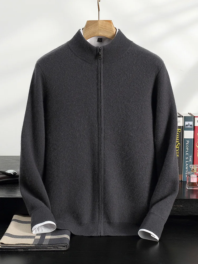 Autumn Winter Men Cashmere Cardigan Zippers Mock Neck Long Sleeve Cashmere Sweater 100% Cashmere Knitwear Thick Soft Clothing