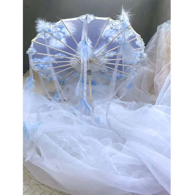 White Blue Lace Wedding Oilpaper Umbrella Umbrella Umbrella Stage Classical Craft Umbrella Cosplay Lolita Photography Props