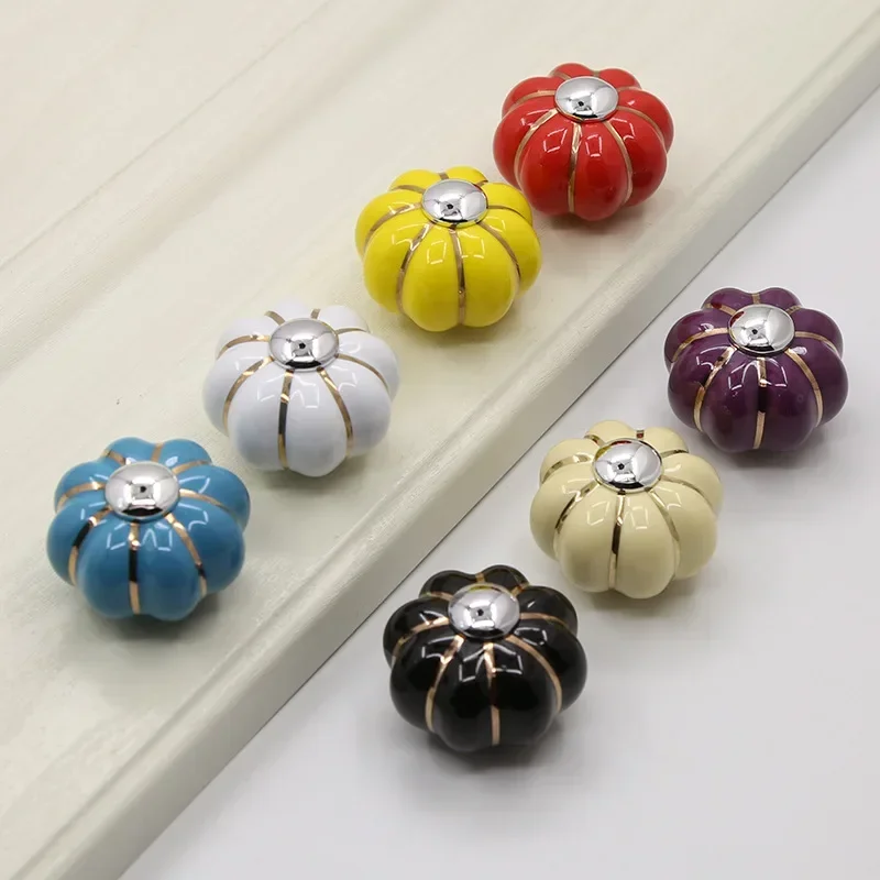 Round Single Hole Furniture Handle Pumpkin Ceramic Cabinet Door Drawer Cabinet Wardrobe Color Cartoon Pull Handle Cupboard