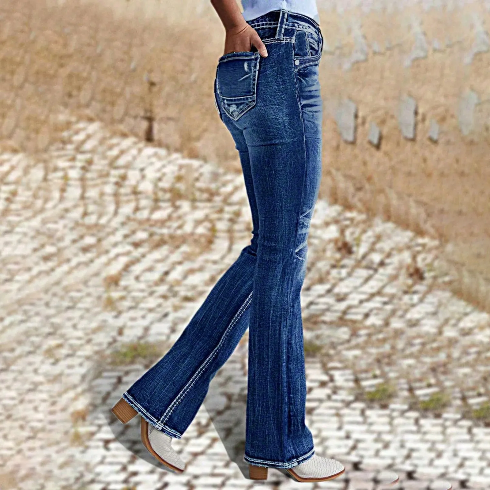 Jean évasé pour femme, pantalon en Denim, coupe cintrée, tendance, Chic, délavé, point contrasté moderne, bas en Denim, jean élégant
