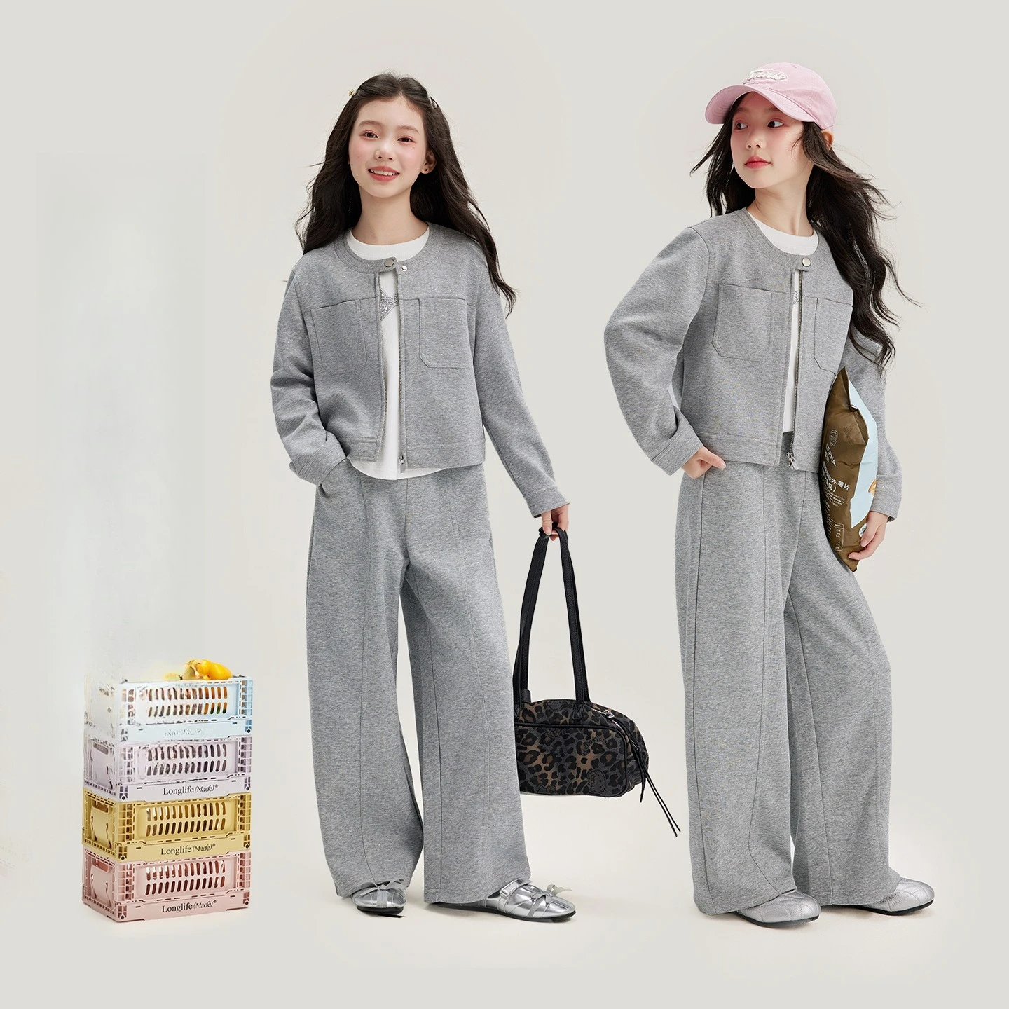 Girl Kids Sets 2026 New Kids Causal Fashion O-Neck Zipper Knit Grey Two Price Sets