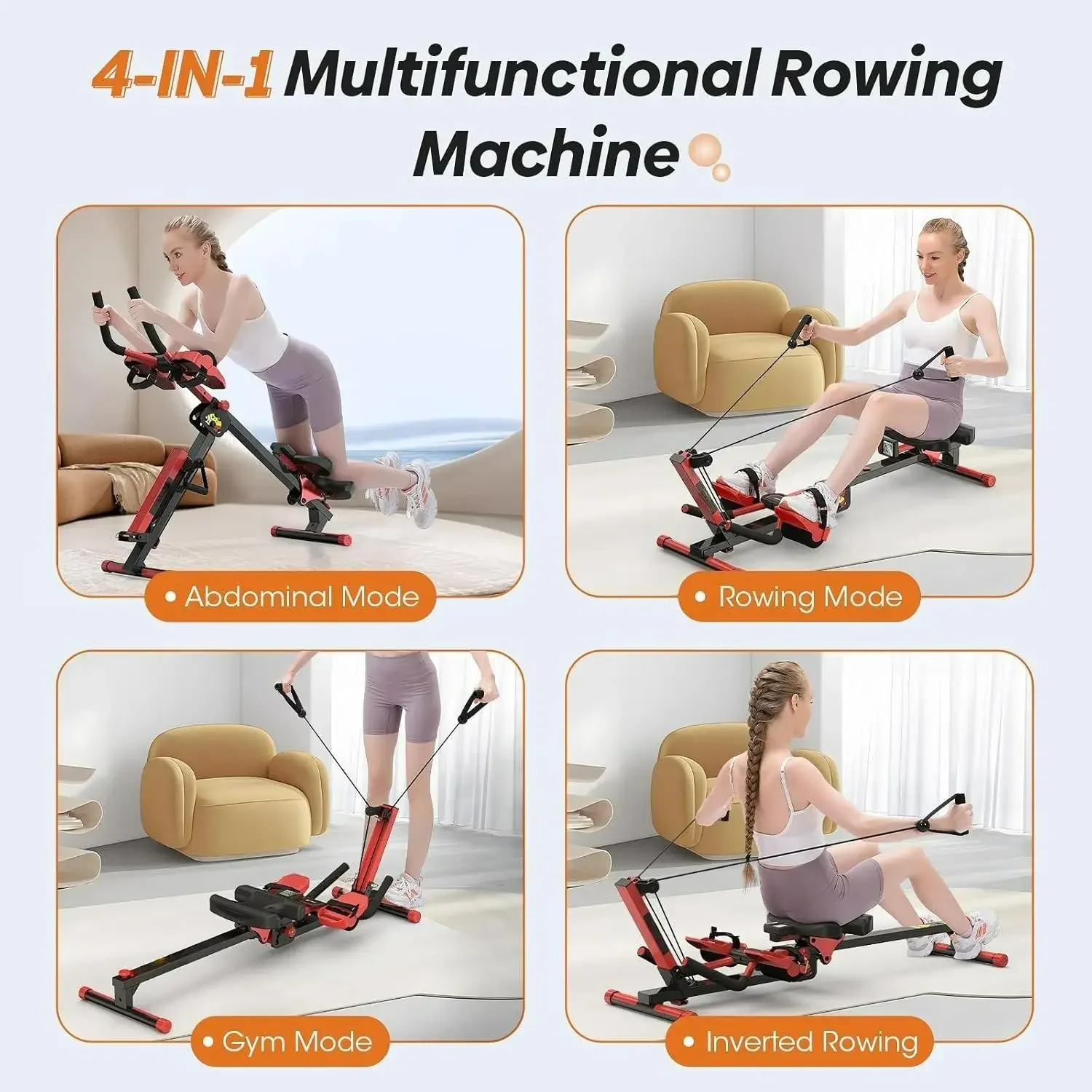 Máquina de remo W_Rowing, máquina de remo e ab 4 em 1 com 2 níveis de resistência ao treino, silenciosa