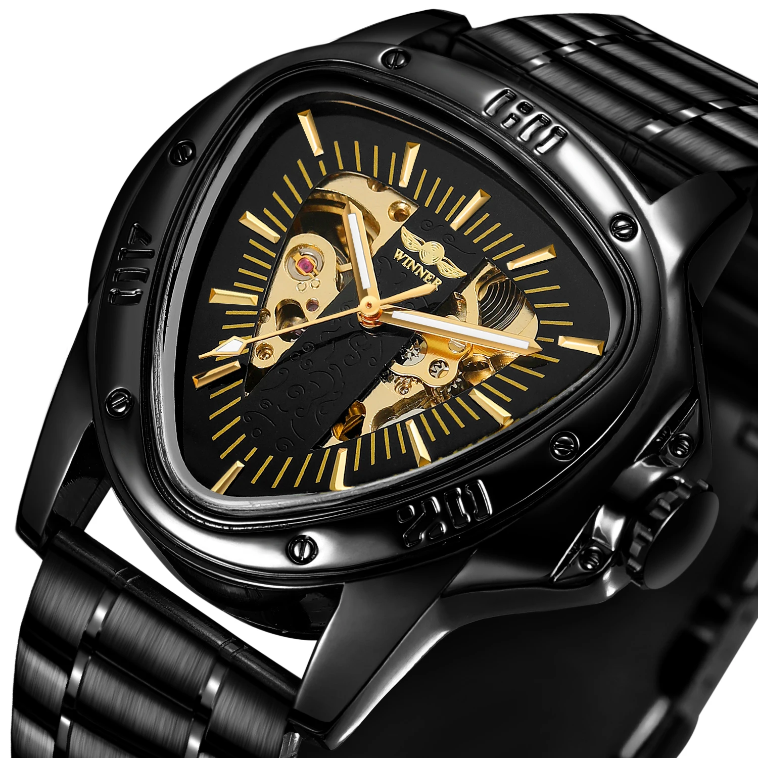 2024 Winner Original Triangle Skeleton Automatic Man Gold Watches Mechanical Sport Stainless Steel High End Luxury Wrist Clock