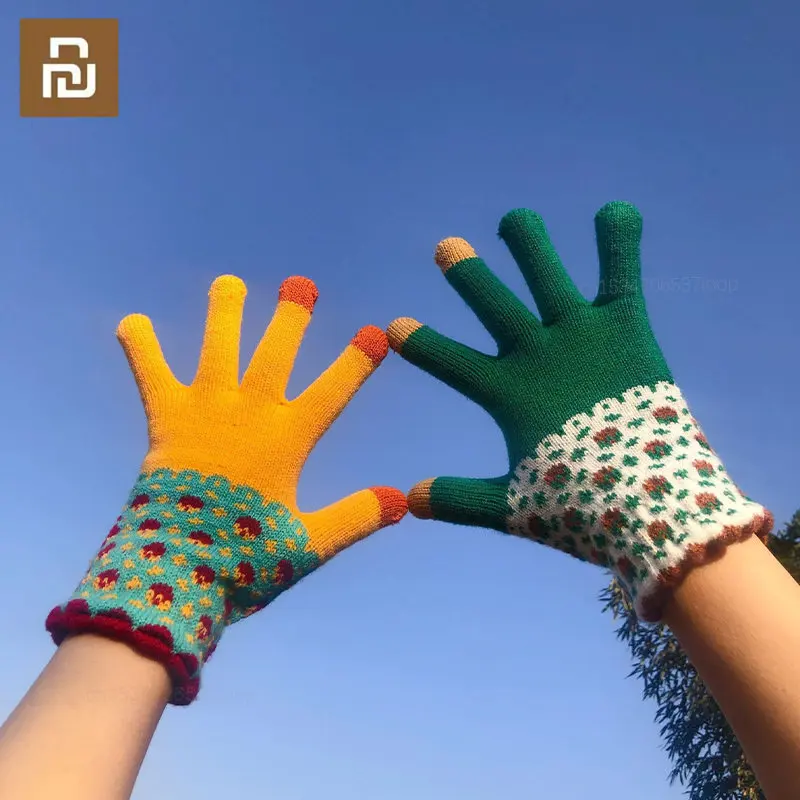 Youpin Knitted Woolen Gloves Female Winter Warm Outdoor Cycling Mittens Girl Anti-cold Touch Screen Color Block Wavy Glove Women