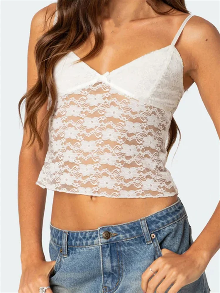 CHRONSTYLE Women Floral Lace Crop Camis Tops Summer Backless Spaghetti Strap Tank Sleeveless Mini Vest for Streetwear Clubwear