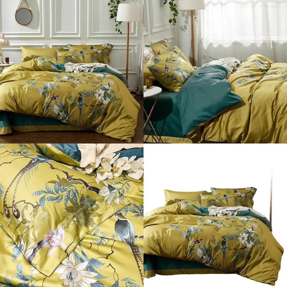 

Двусторонний комплект постельного белья из хлопка цвета павлиньего пера с цветочным и птичьим узором, размер Queen