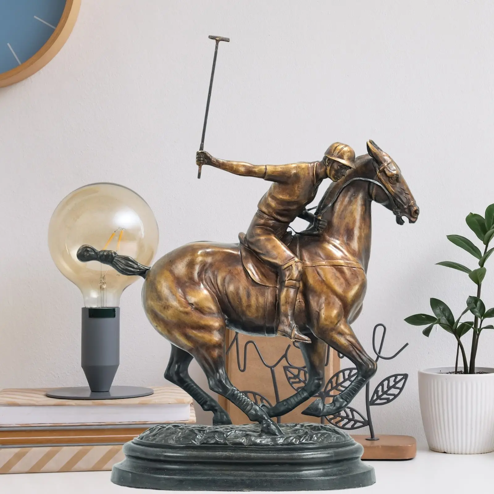 

33cm Bronze Polo Player Horse Jockey Sculpture Casting Ridding Horse Bronze Statue Handcrafts Home Office Decoration Collection