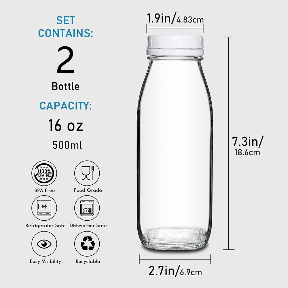 16oz Glass Milk Bottle-Vintage Reusable Dairy Drinking Containers for Milk,Juice,Yogurt,Smoothies,Honey,Tomato Sauce,Jam,Syrup