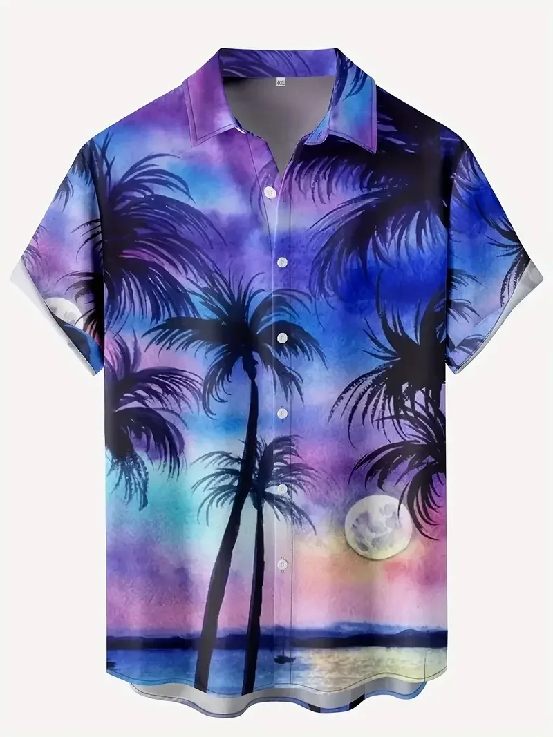 Camicia da uomo hawaiana con motivo a albero di cocco, top casual oversize a maniche corte, top monopetto alla moda, top alla moda, uomo