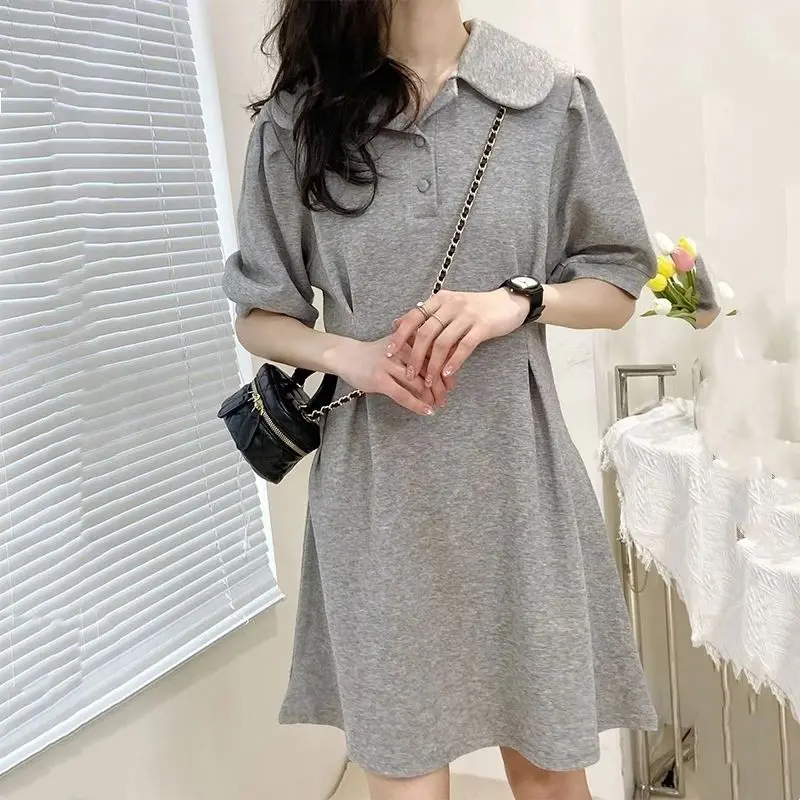 Summer Sweet Grace Short Sleeve Turn-down Collar Casual Grey Mini Dresses for Women Chic Korean Style Female Simple Wild Dress