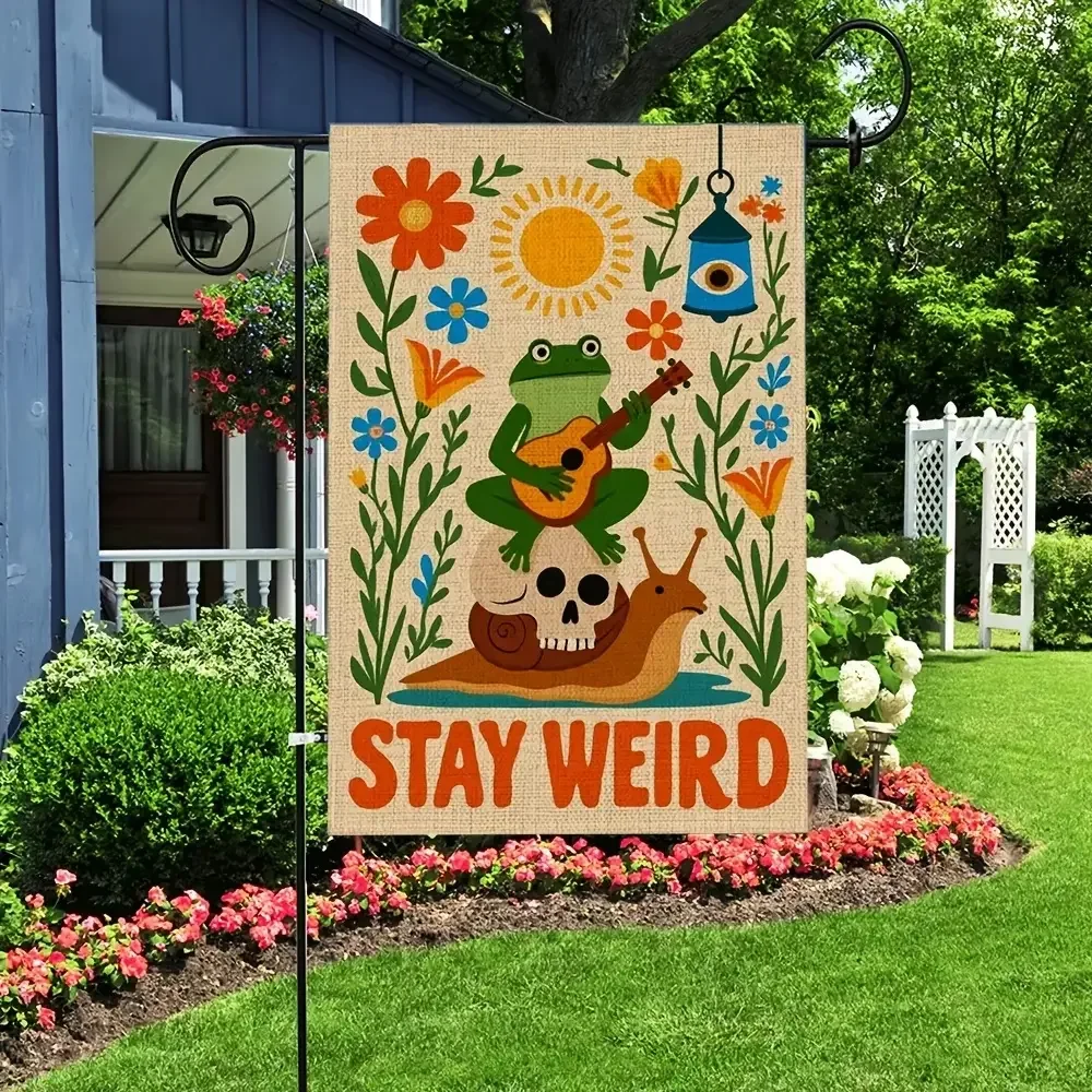 12x18 in Whimsical Retro Boho Double-Sided Garden Flag - Stay Weird Frog Guitar & Snail Skull Floral Decor, Outdoor Garden Accessories, Outside Home Backdrop Banner, Garden Flags For Outside