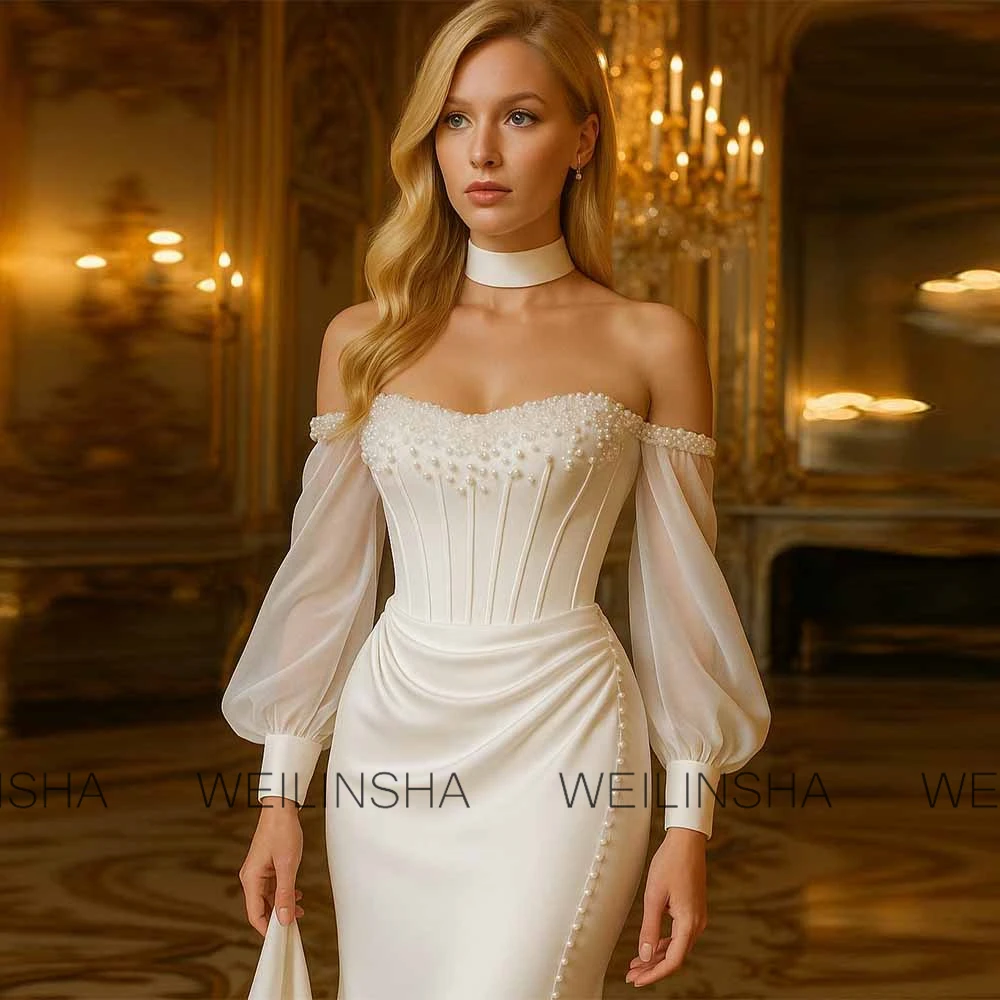 Charming Wedding Guest Dresses Jersey Mermaid/Trumpet Wedding Party Dresses Ivory Off-the-shoulder Pearls Draped Wedding Dresses