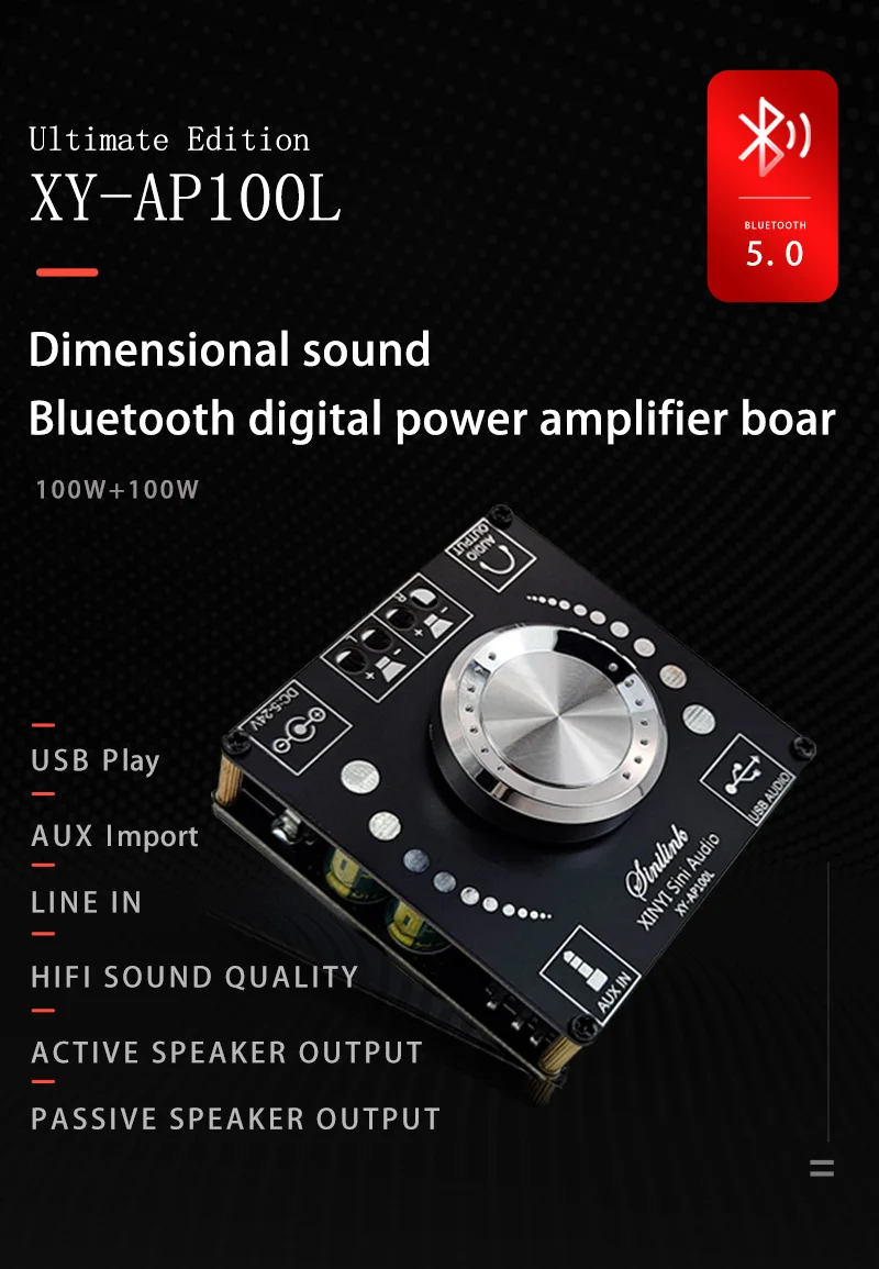 Bluetooth 5.0 AP100L 2.0 Digital Power Audio Amplifier board 50WX2 100W*2 Stereo AMP Amplificador Home Theater AUX USB