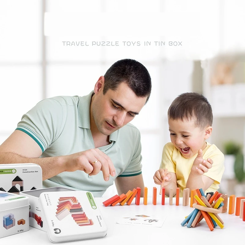 Travel กล่องเหล็ก Series Domino Magic Cube Top ปริศนาไม้ของเล่นเด็กปริศนาการตรัสรู้ Early Education บล็อกอาคารไม้