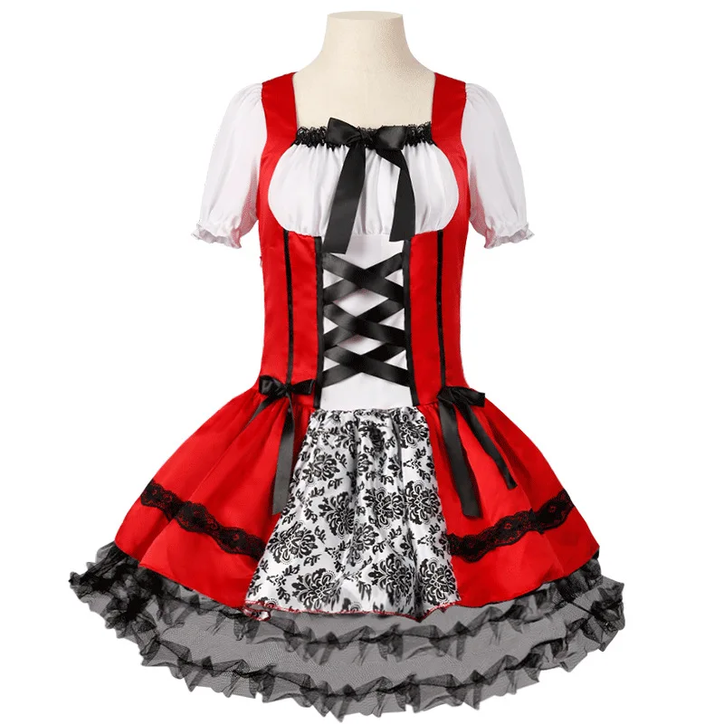 Costume Lace Up German Oktoberfest Dirndl Dress Apron Short Sleeve Cosplay Party Dress