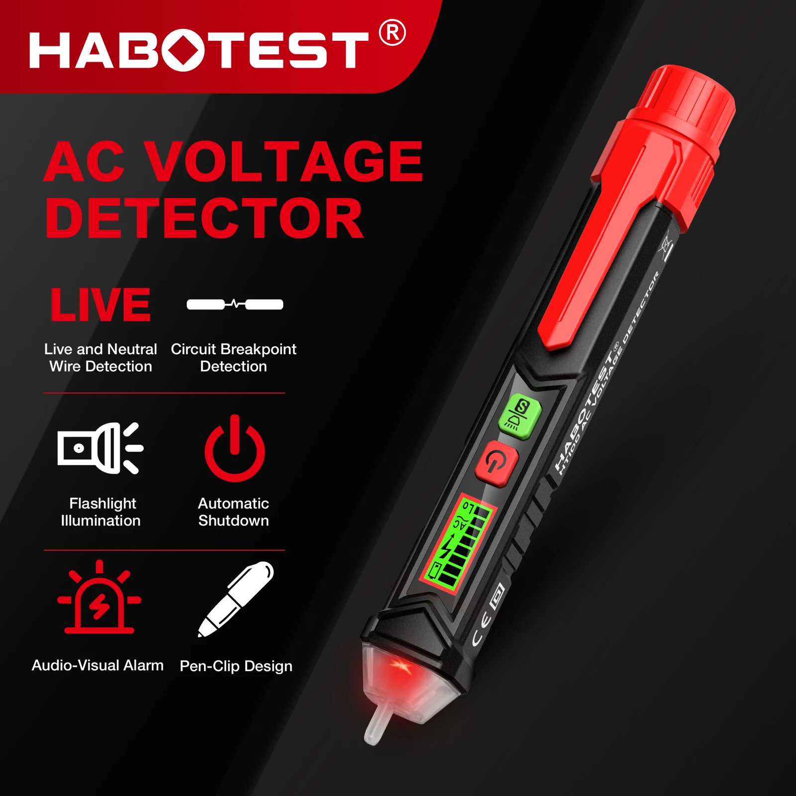 HABOTEST HT100 Non-Contact Voltage Tester with Dual Range AC 12V-1000V/48V-1000V Electrical Tester with LCD Display Buzzer Alarm