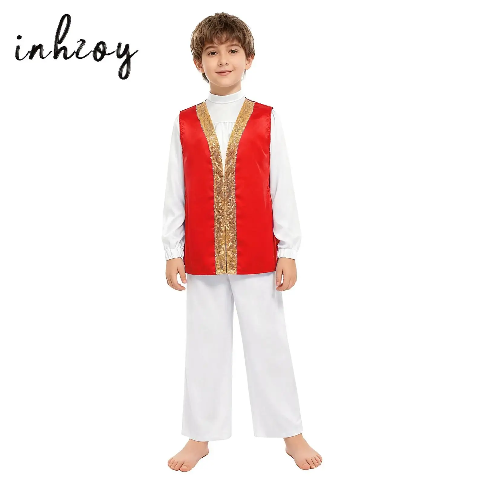 

3Pcs/Set Kids Boys Praise Dance Outfit Mock Neck Long Sleeve Satin Top+Sleeveless Sides Split Contrast Color Sequins Robe+Pants