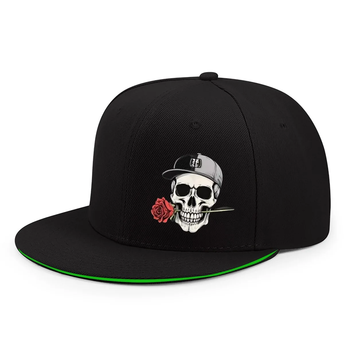 Neue verstellbare Hip-Hop-Baseballkappe mit Totenkopf- und Rosenmotiven im Vintage-Stil mit flachem Schirm für Outdoor-Street-Sportarten. – Detail 1